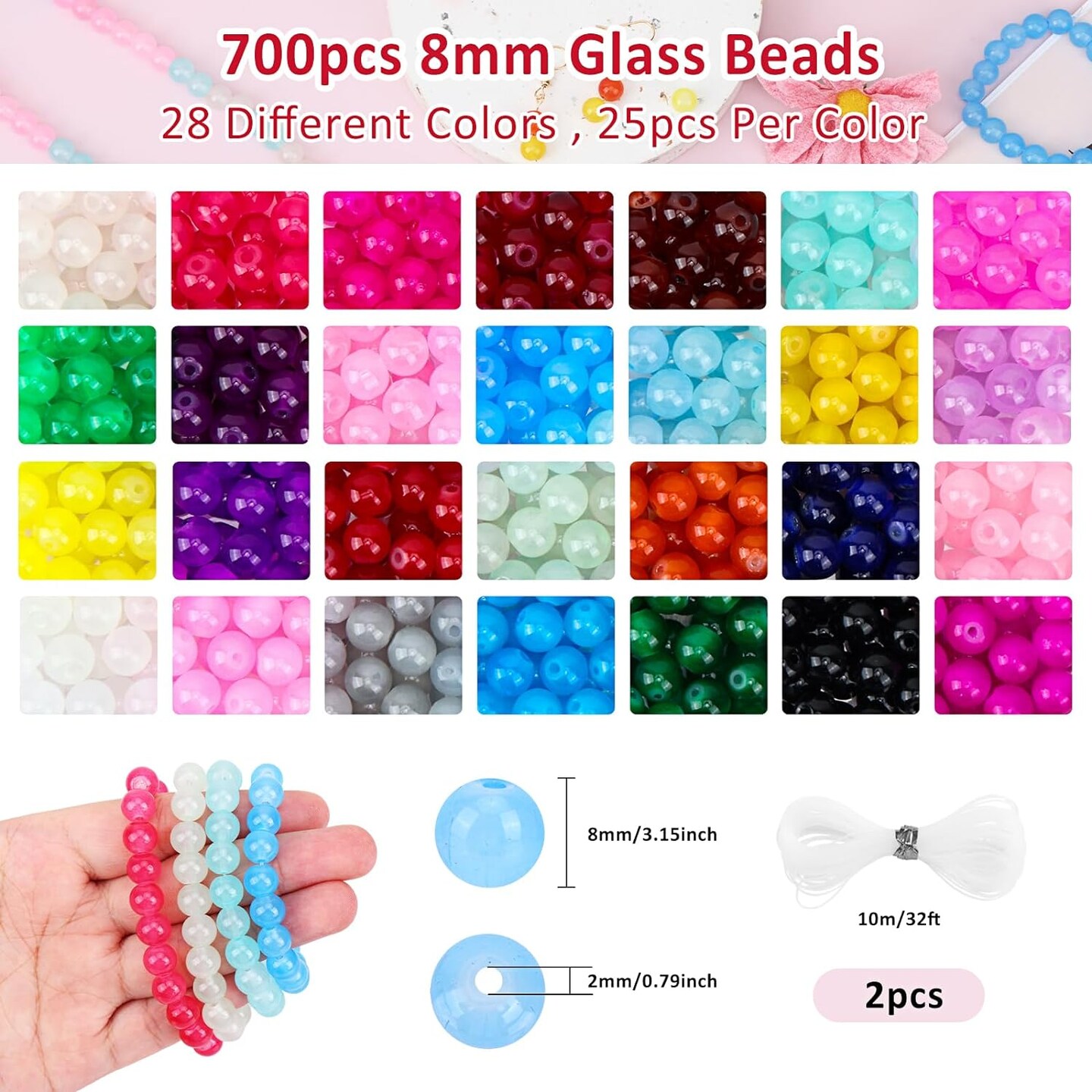 700pcs Glass Beads Kit for Jewelry Making, 28 Colors 8mm Crystal Beads Bulk for Bracelet DIY Crafts