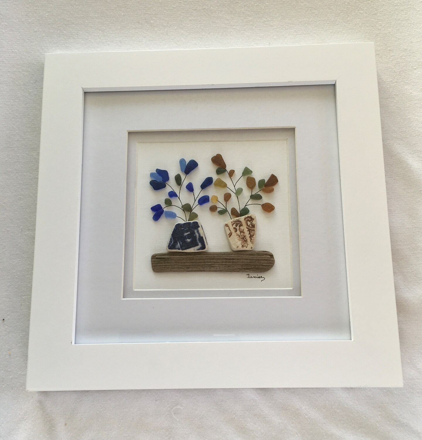 SEAGLASS ART, MINIATURE FLOWER ART 22, Scottish Pottery, Driftwood, White  Shadowbox, Handcrafted, Seaglass Seagirl | MakerPlace by Michaels