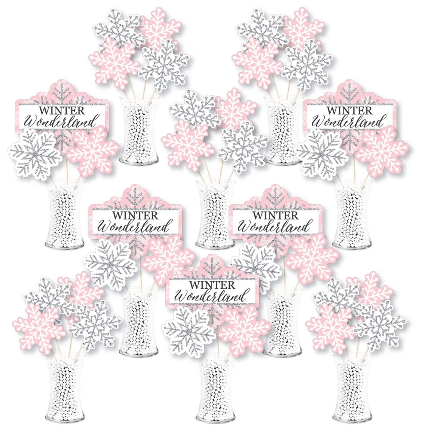 Big Dot of Happiness Pink Winter Wonderland - Holiday Snowflake Birthday Party & Baby Shower Centerpiece Sticks - Showstopper Table Toppers -35 Pieces