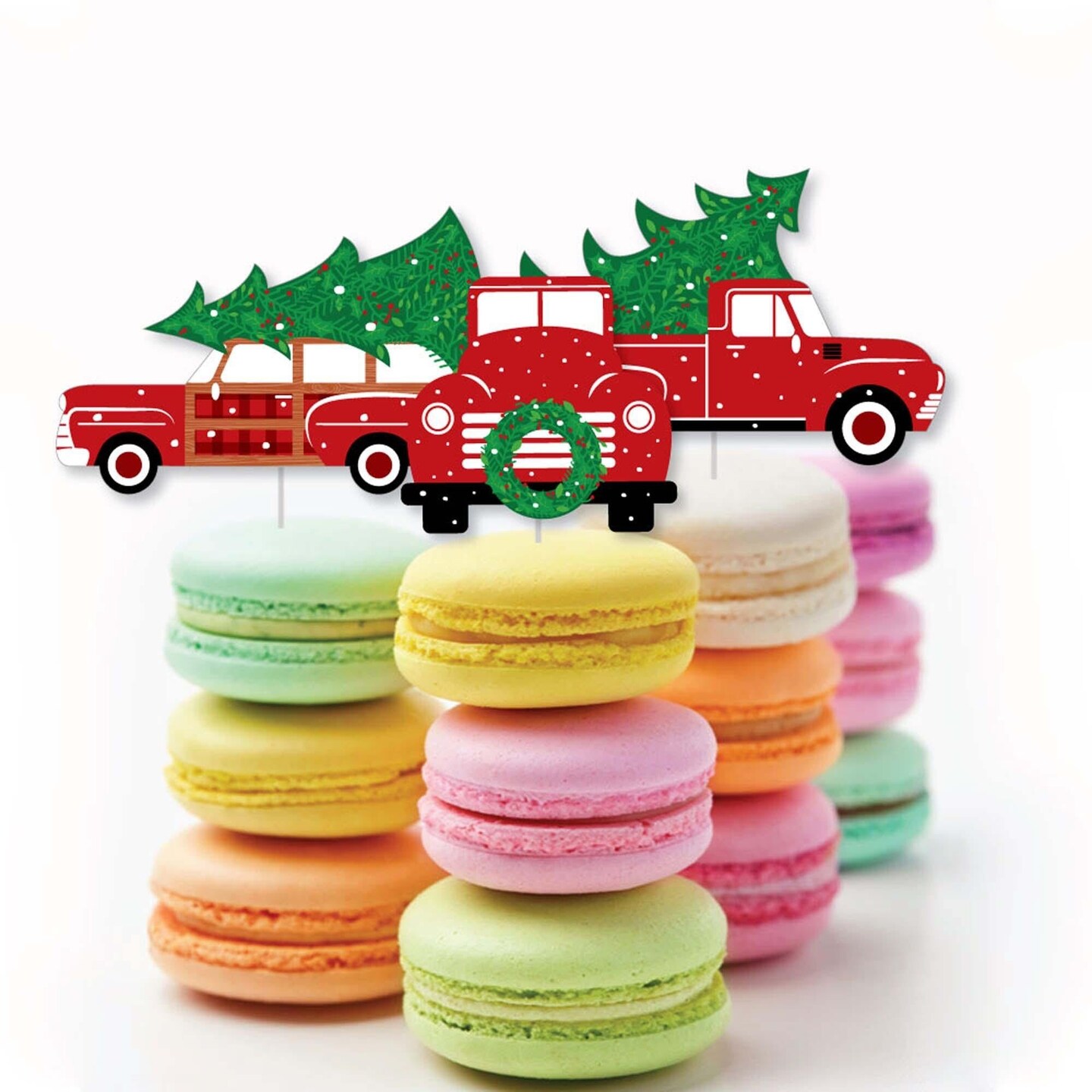 Big Dot of Happiness Merry Little Christmas Tree - Dessert Cupcake Toppers - Red Truck and Car Christmas Party Clear Treat Picks - Set of 24