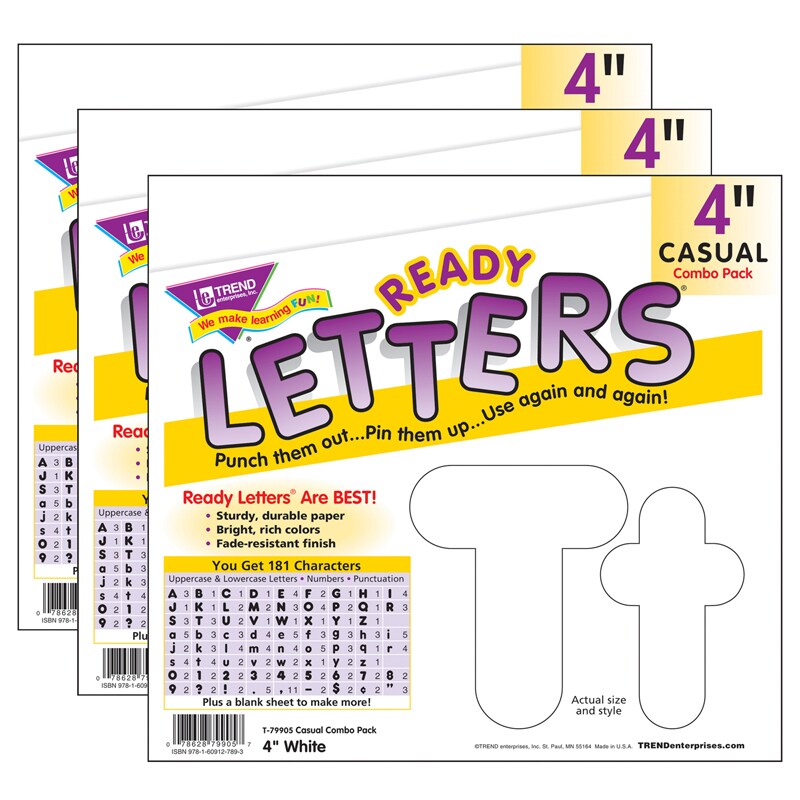 White 4-Inch Casual Uppercase/Lowercase Combo Pack Ready Letters&#xAE;, 182 Per Pack, 3 Packs