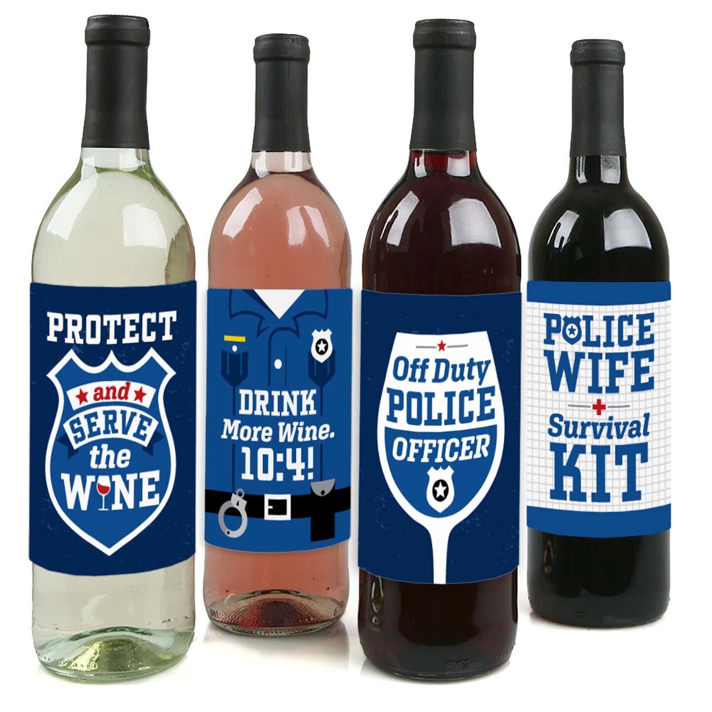 Big Dot of Happiness Calling All Units - Police - Cop Birthday Party or Baby Shower Decor for Women and Men - Wine Bottle Label Stickers - Set of 4