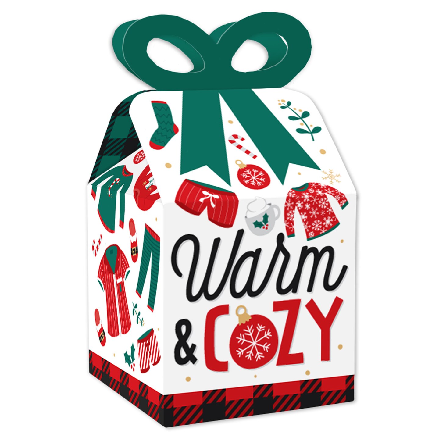 Big Dot of Happiness Christmas Pajamas - Square Favor Gift Boxes - Holiday Plaid PJ Party Bow Boxes - Set of 12