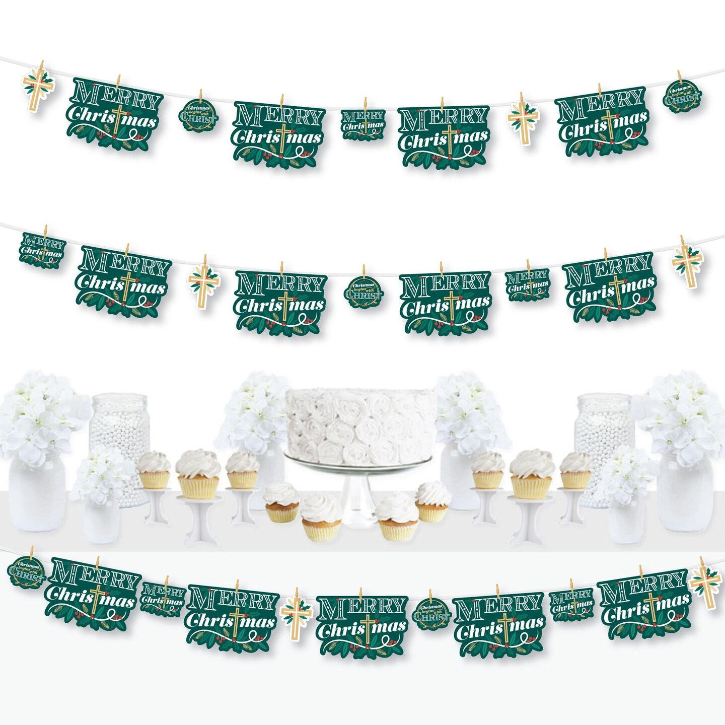 Big Dot of Happiness Religious Christmas - Merry Christmas Cross DIY Decorations - Clothespin Garland Banner - 44 Pc