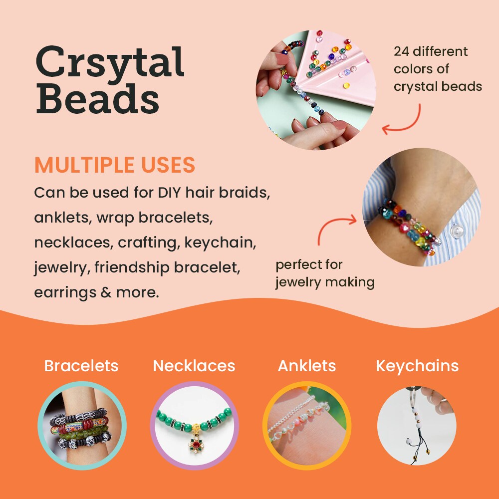 Incraftables Crystal Glass Beads 24 Colors 1200pcs Kit for Jewelry Making, Hair Accessories, & DIY Bracelets. Large 6mm Briolette Rondelle Assorted Crafting Bead with Elastic String for Kids & Adults