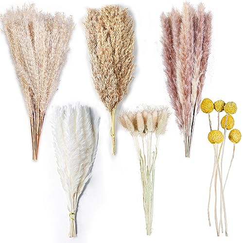 100PCS Natural Dried Pampas Grass Decor - 17.5" Fluffy Pampas Grass Bouquet - Boho Home Decor Dried Flowers for Wedding Floral Room Home Party Table Decorations