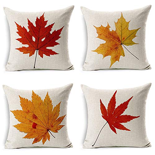 LEIOH Fall Decor Cotton Linen Leaves,Maple Leaf Autumn Decorations Cushion Covers 18 x 18 Inch Sofa Home Decor Throw Pillow Case for Bed Pillow Covers Set of 4