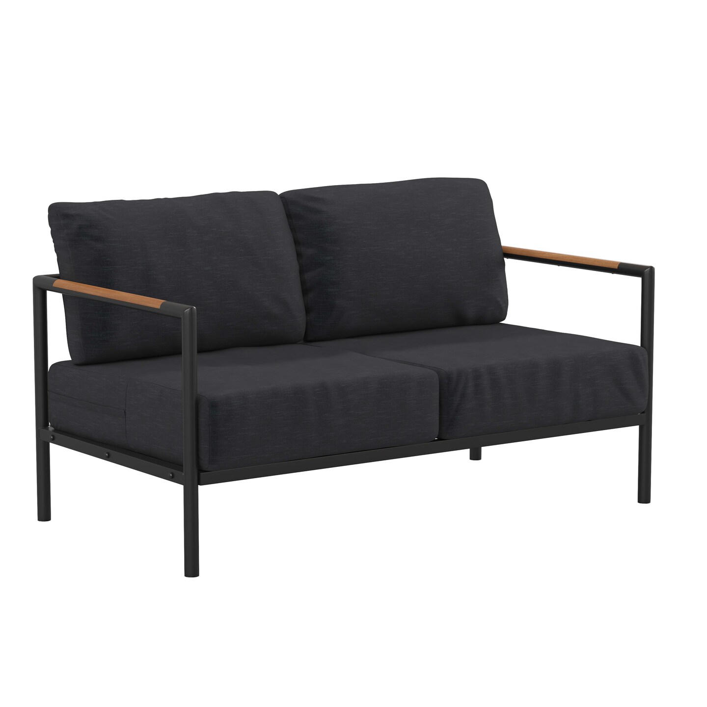 Merrick Lane Eastport Outdoor Loveseat with Removable Plush Fabric Cushions and Teak Accented Aluminum Frame