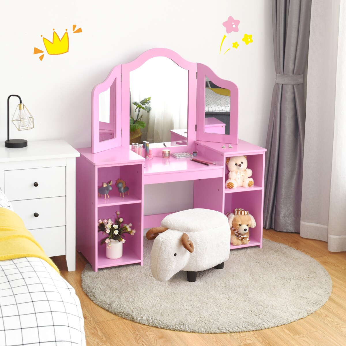 Multi-functional Kids Tri Folding Mirror Makeup Dressing Vanity Table Set with Large Storage Space