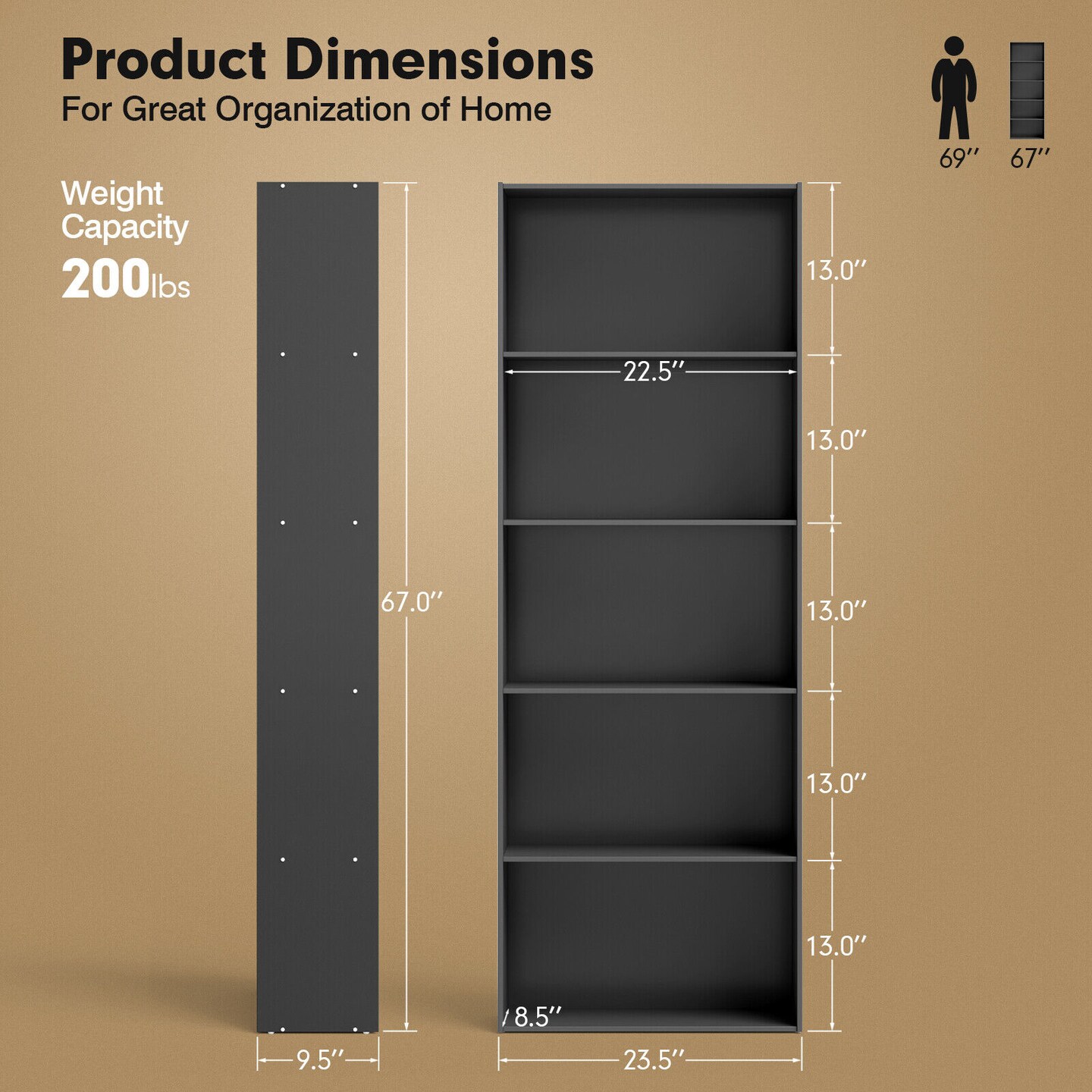 5-Shelf Storage Bookcase Modern Multi-Functional Display Cabinet Furniture