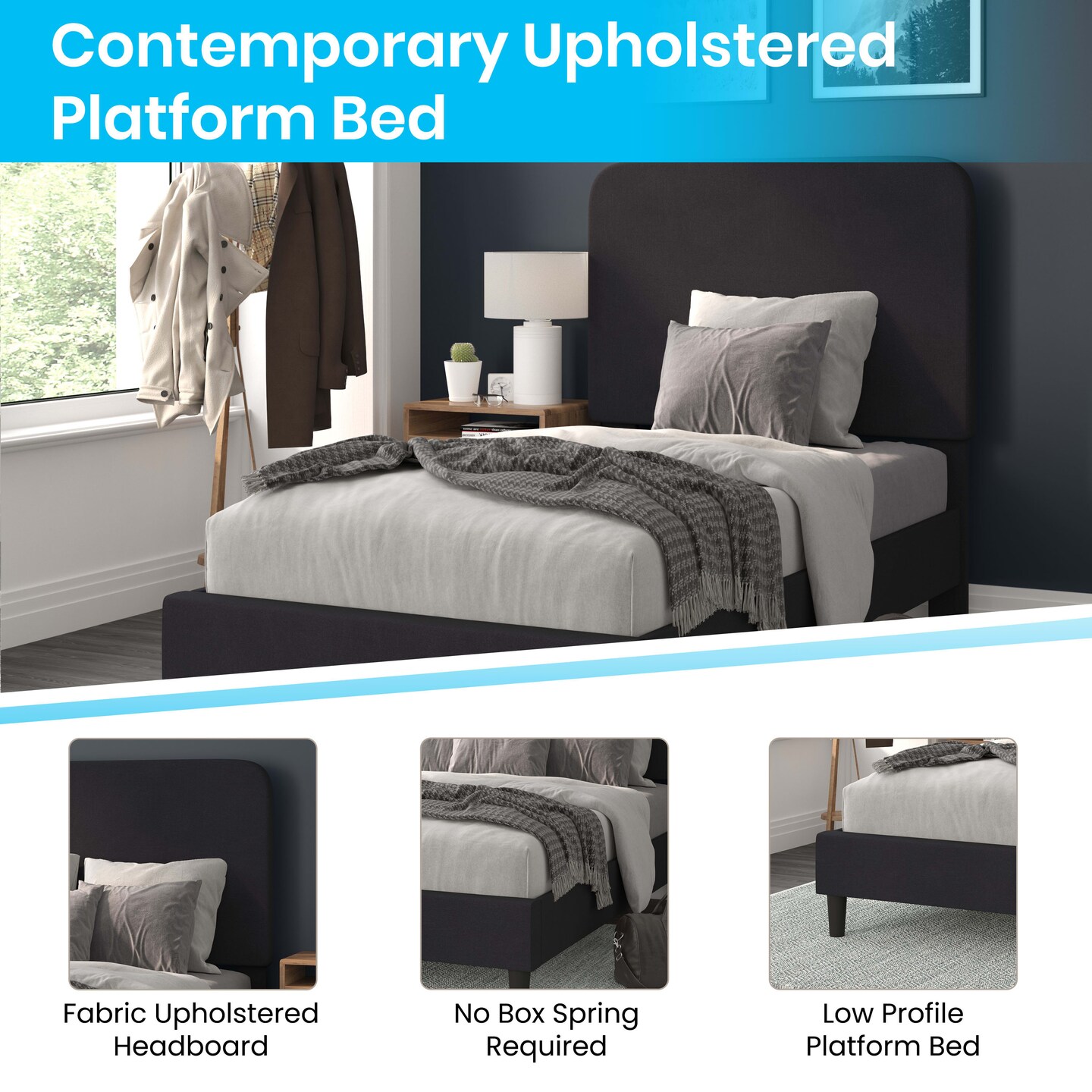 Merrick Lane Remi Platform Bed with Headboard - Upholstered Frame - 14 Wooden Slats - No Box Spring Required