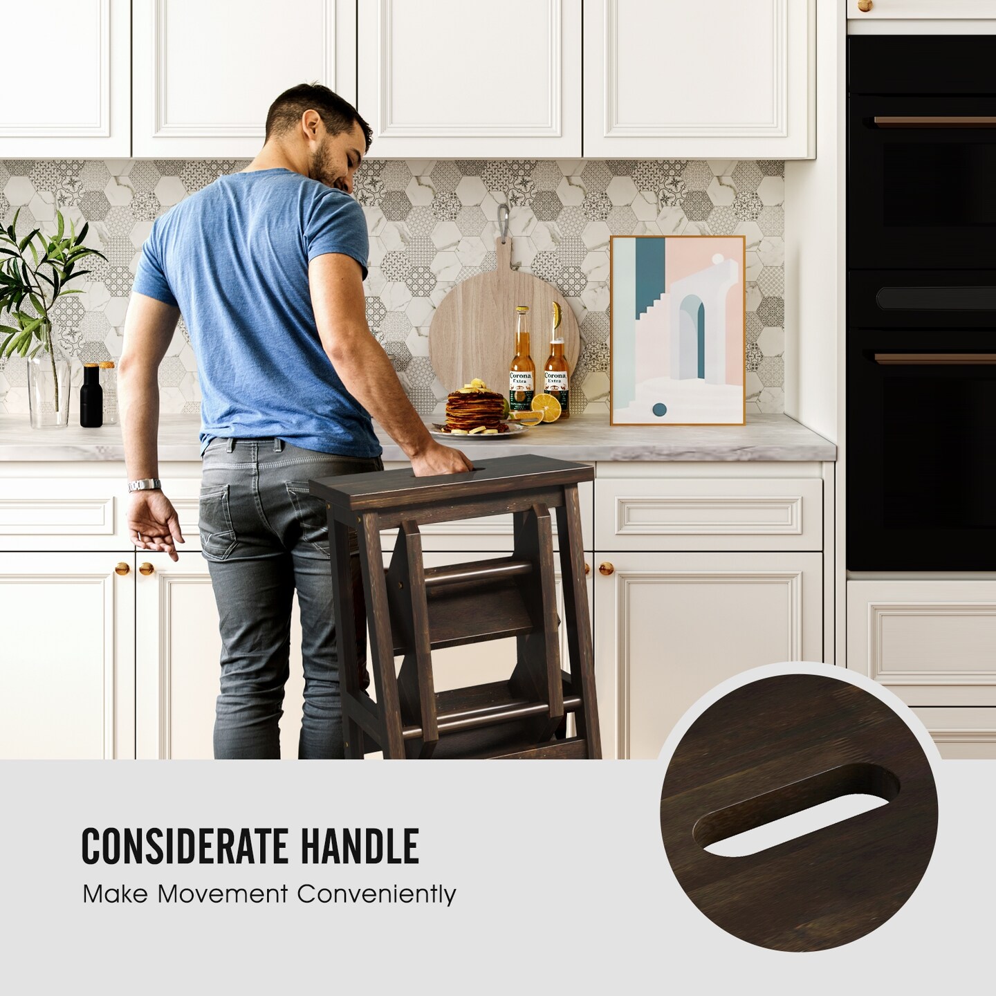 3-in-1 Rubber Wood Step Stool with Handle Anti-Slip Wide Pedals