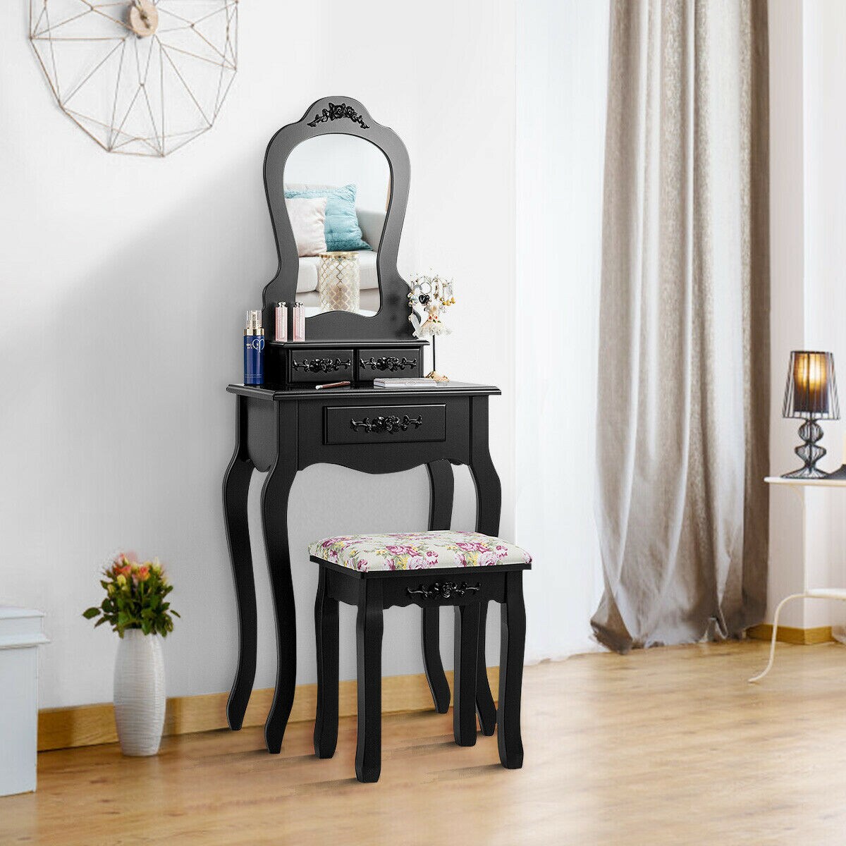 Makeup Dressing Table and Bench 3 Drawers and Cushioned Stool for Girls-Black