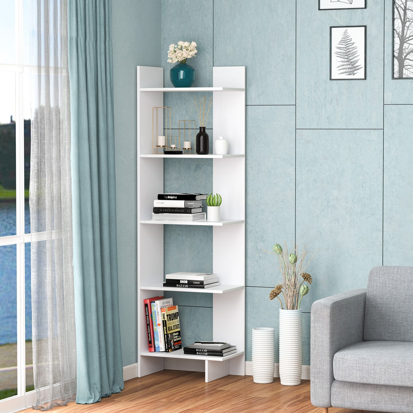White Room Divider 4 Shelf Open Storage Bookshelf Display Rack