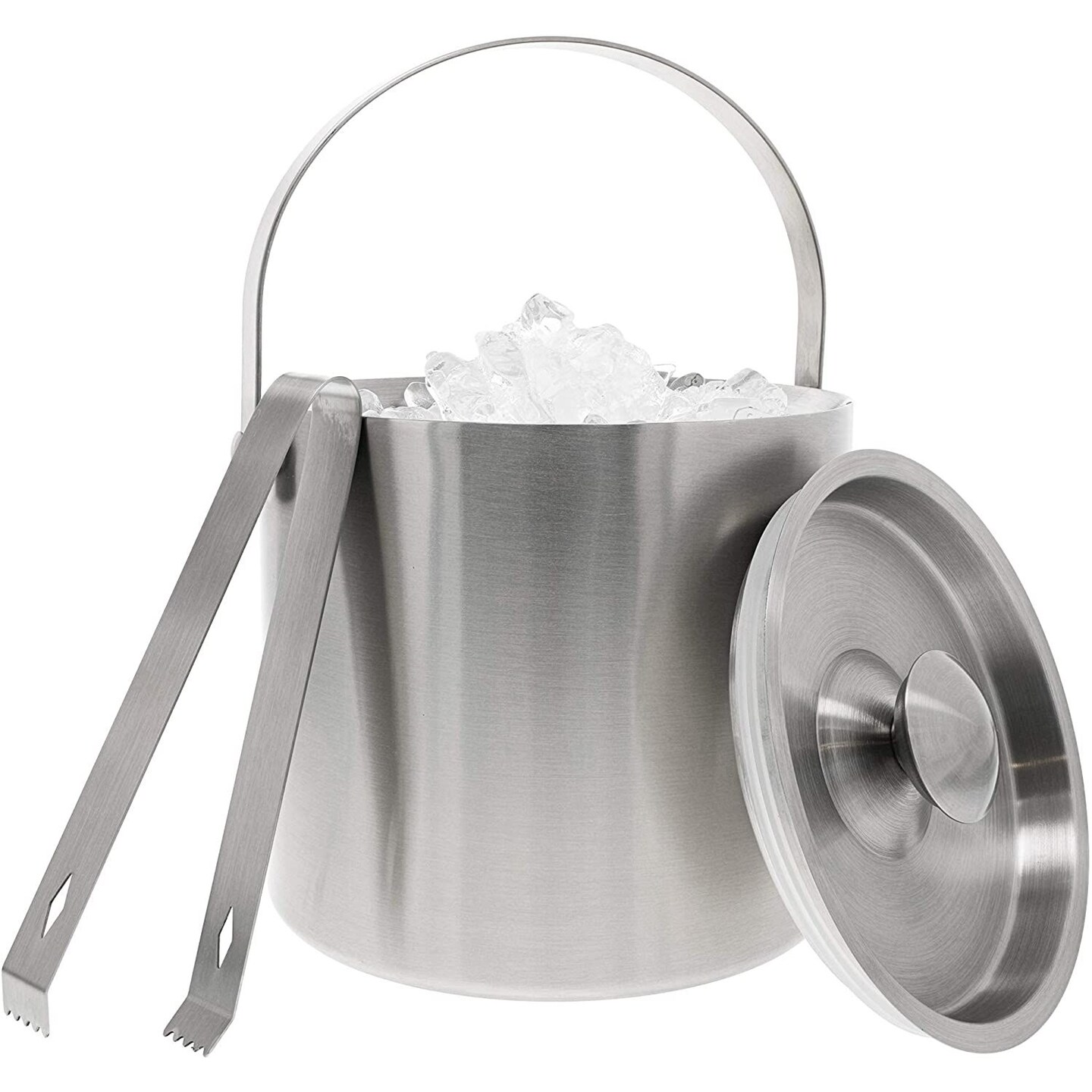 Stainless Steel Ice Bucket with Tongs, Portable Double Wall (2.5 L, 7.5 In)