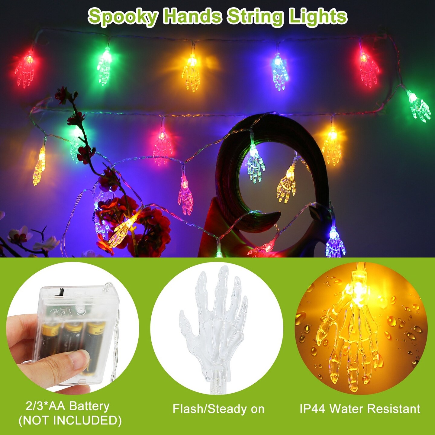 24ft Halloween String Lights with Colorful 3D Spooky Skeleton Ghost | Gauze Skull Lights