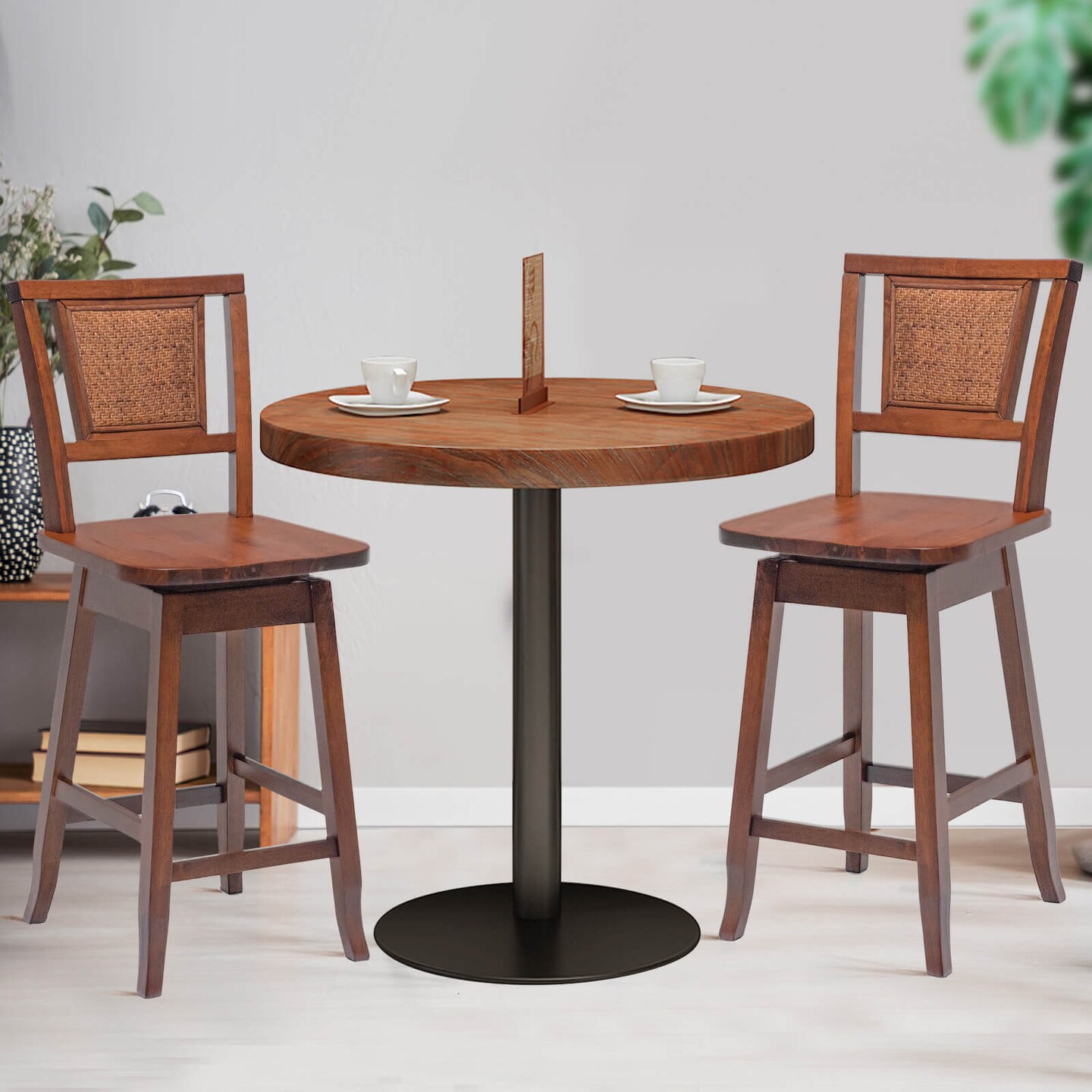 24.5 Inch Counter Height Bar Stool with Rattan Back and 360&#xC2;&#xB0; Swivel Seat