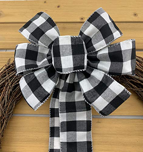 Buffalo Plaid Christmas Wreath Bow - 10&#x22; Wide, 18&#x22; Long Pre-Tied Bow, Black and White Checkers, Fall Decor, Door Decoration, Swag, Wreath, Garland, Boxing Day, Winter, Thanksgiving