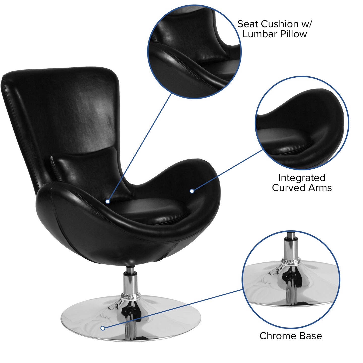 Merrick Lane Soro High-Back Egg Style Lounge Chair With 360&#xB0; Swivel Metal Base