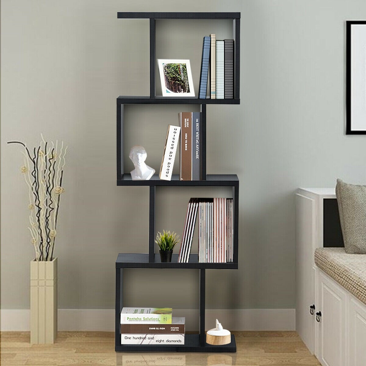 Black MDF Particle Board S-Shaped Bookcase and Display Rack