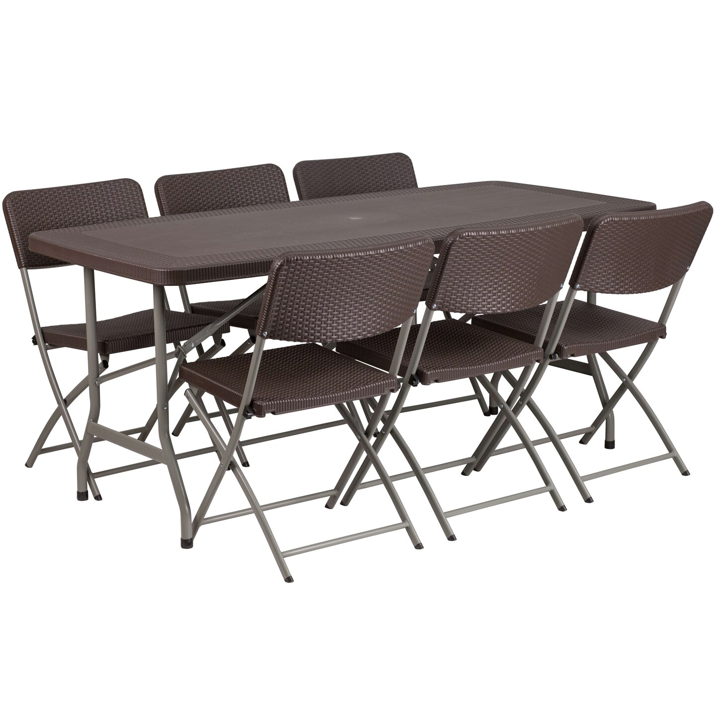 Emma and Oliver 5.62-Foot Rattan Indoor-Outdoor Plastic Folding Table Set with 6 Chairs