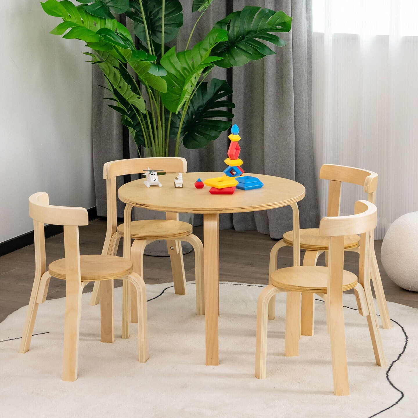 5-Piece Kids Wooden Curved Back Activity Table and Chair Set with Perfect Gift for Kids