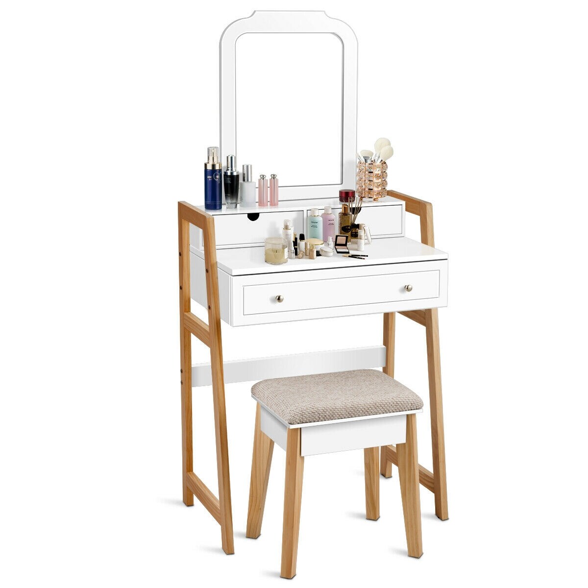 White and Natural Dressing Table with Mirror, 3 Drawers, and Padded Stool