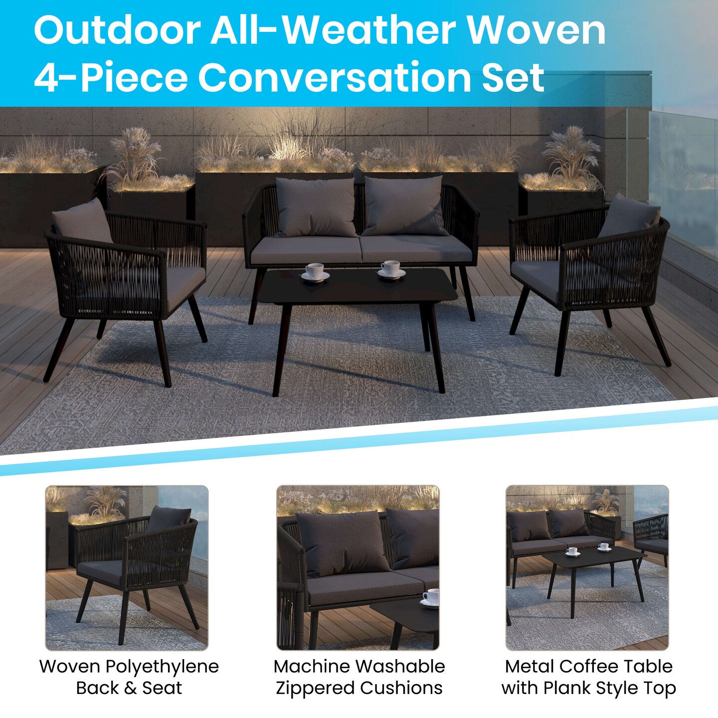 Merrick Lane Magnolia Outdoor Furniture 4 Piece Woven Aluminum Frame Loveseat, 2 Chair and Coffee Table Set With Cushions