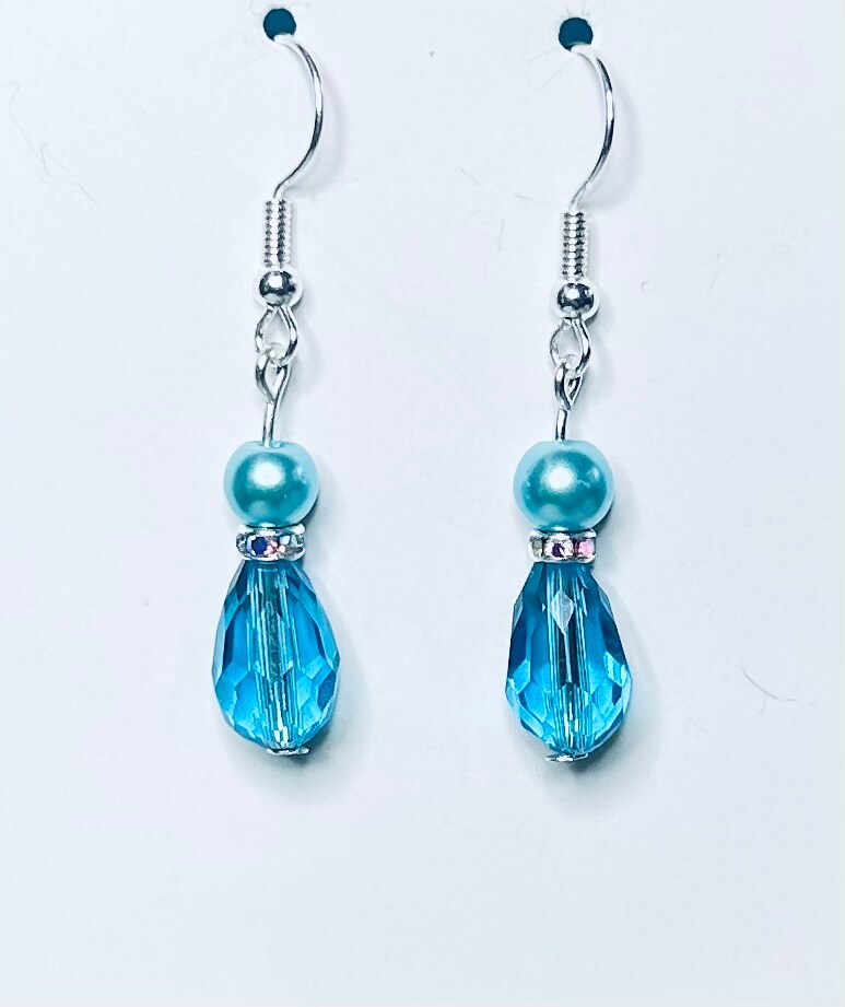 Small Earrings with 6mm Light Blue Pearl, Blue Teardrop Bead, and