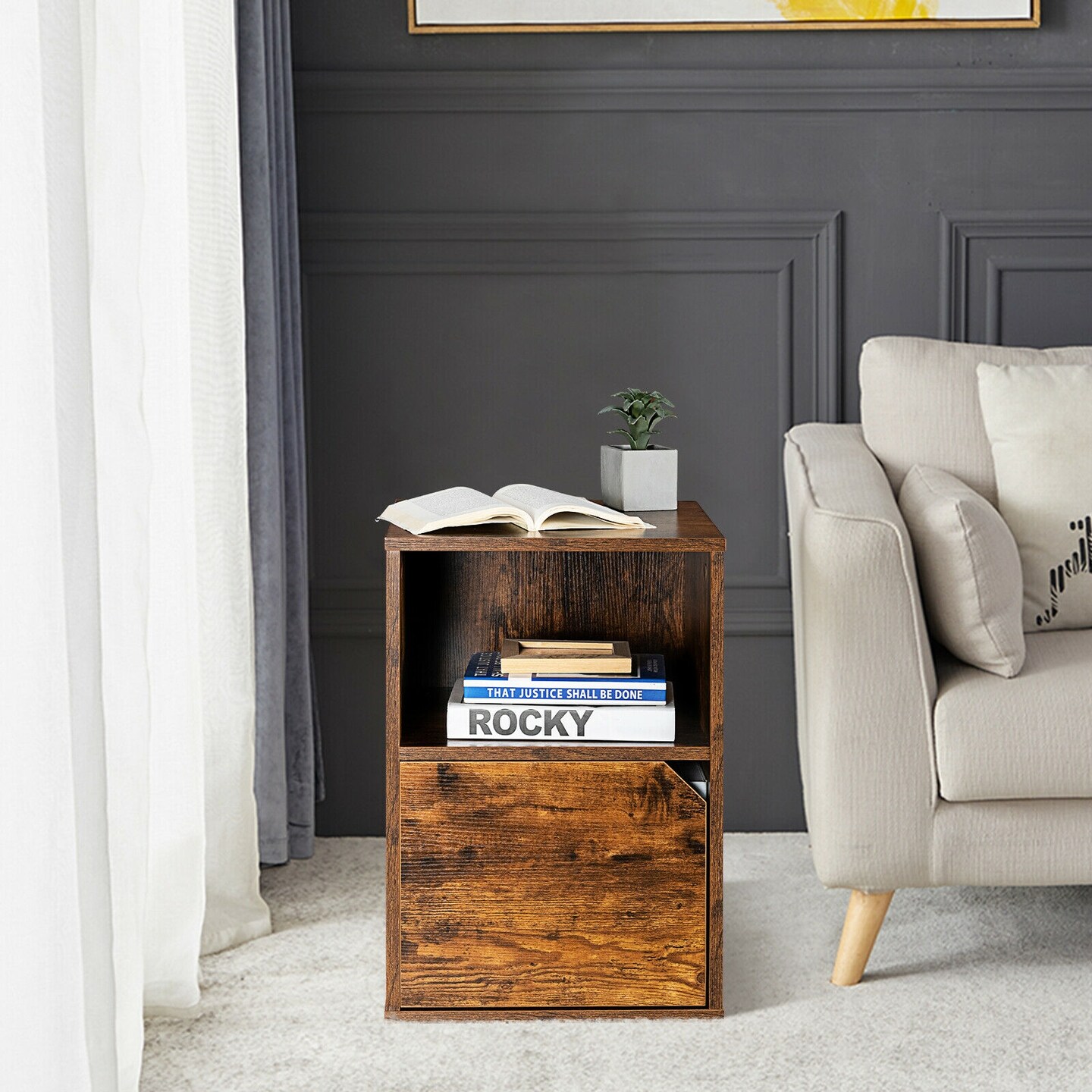 Set of 2 Side End Table Nightstands with Triangular Cut-Out Cabinet Door and Large Open Shelf