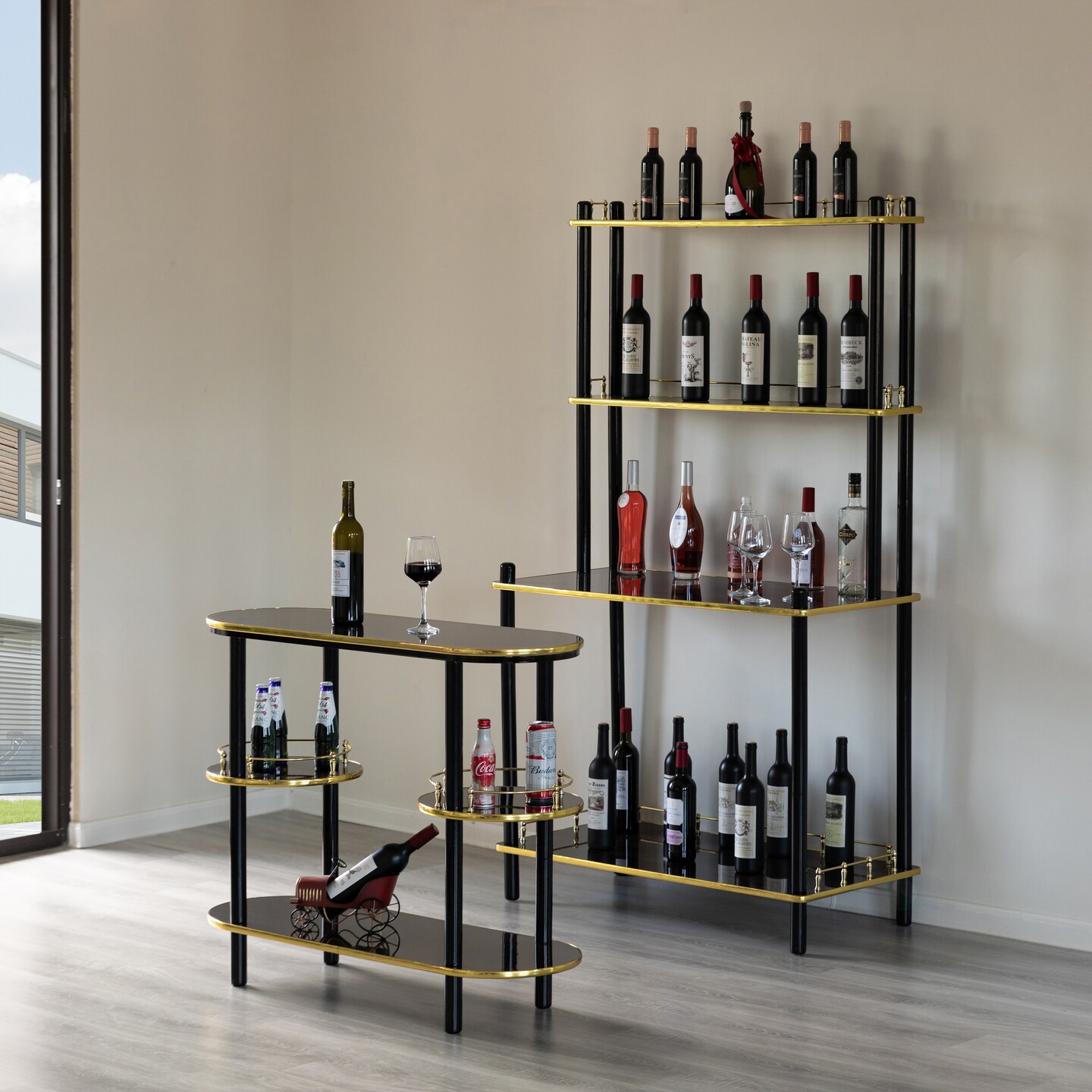 Set of 2 Pieces, Bartender Serving Display Station, Bar Console Working Counter with Open Shelves, Bar Console Island with Tier Shelves for Glass and Bottles, Wood
