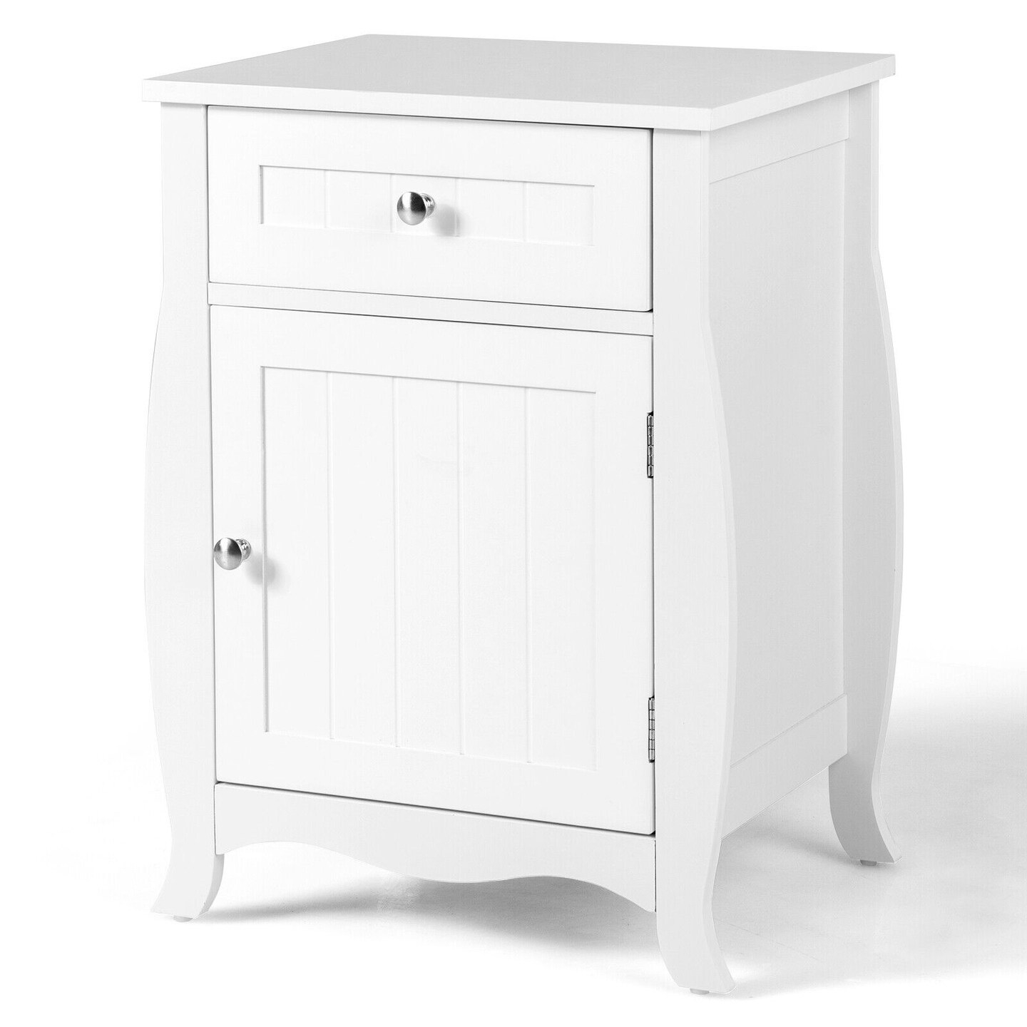 White Nightstand with Drawer Cabinet and Curved Legs Ideal for Bedroom or Living Room