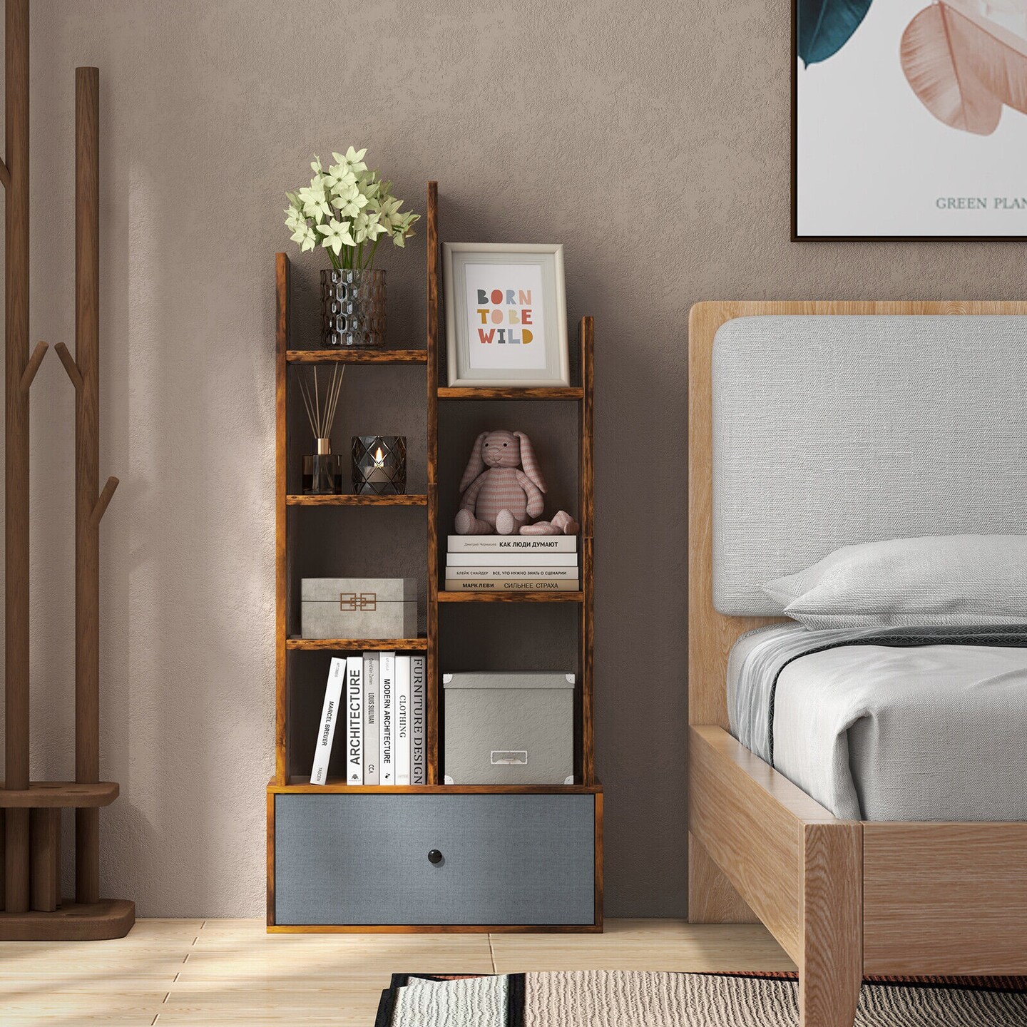 7-Tier Open-Back Bookshelf with Drawer