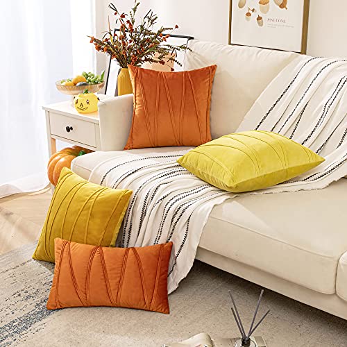 Woaboy Pack of 2 Fall Striped Velvet Throw Pillow Covers Orange Modern Decorative Couch Throws Square Soft Cozy Pillowcases for Bed Sofa Cushion Living Room 12x20 Inch