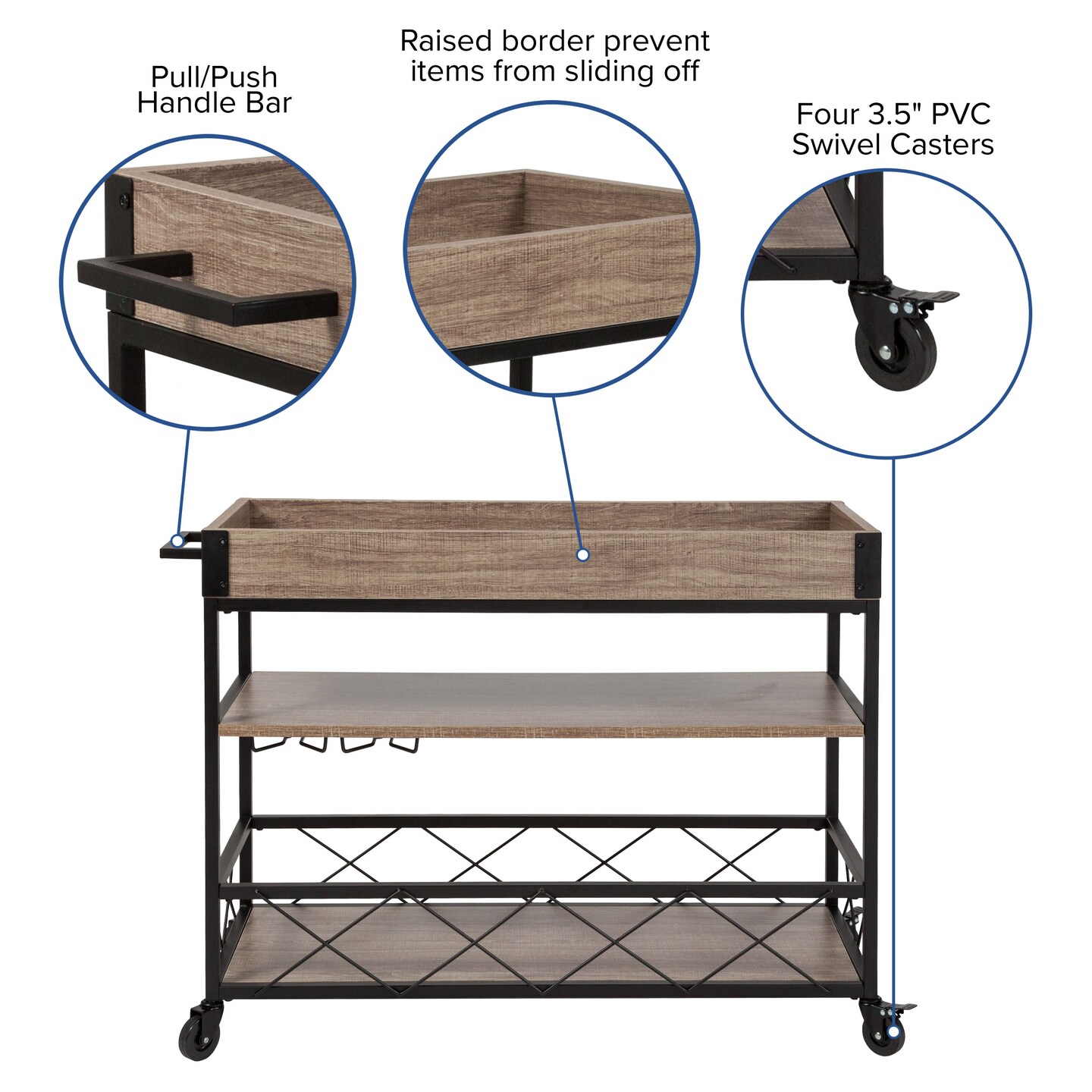 Merrick Lane Brookville Rolling Kitchen Serving and Bar Cart with Shelves and Wine Glass Holders