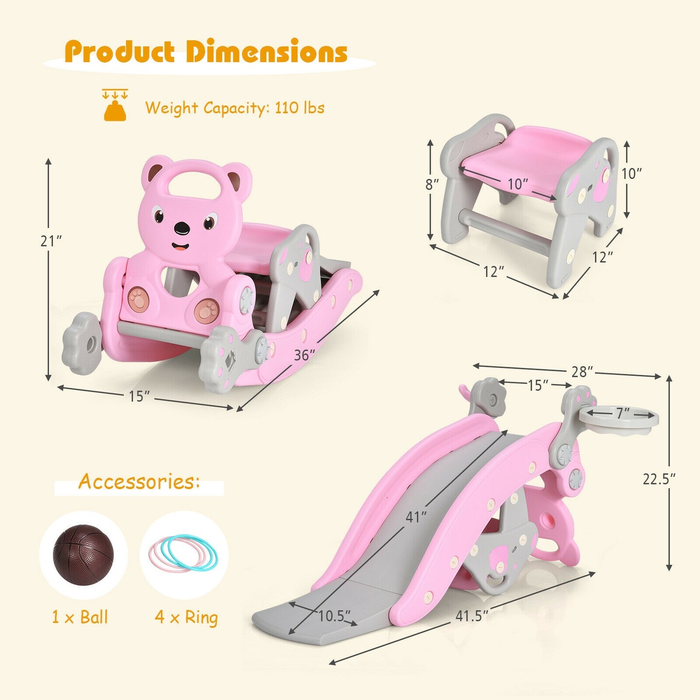 4-in-1 Toddler Slide and Rocking Horse Playset with Basketball Hoop