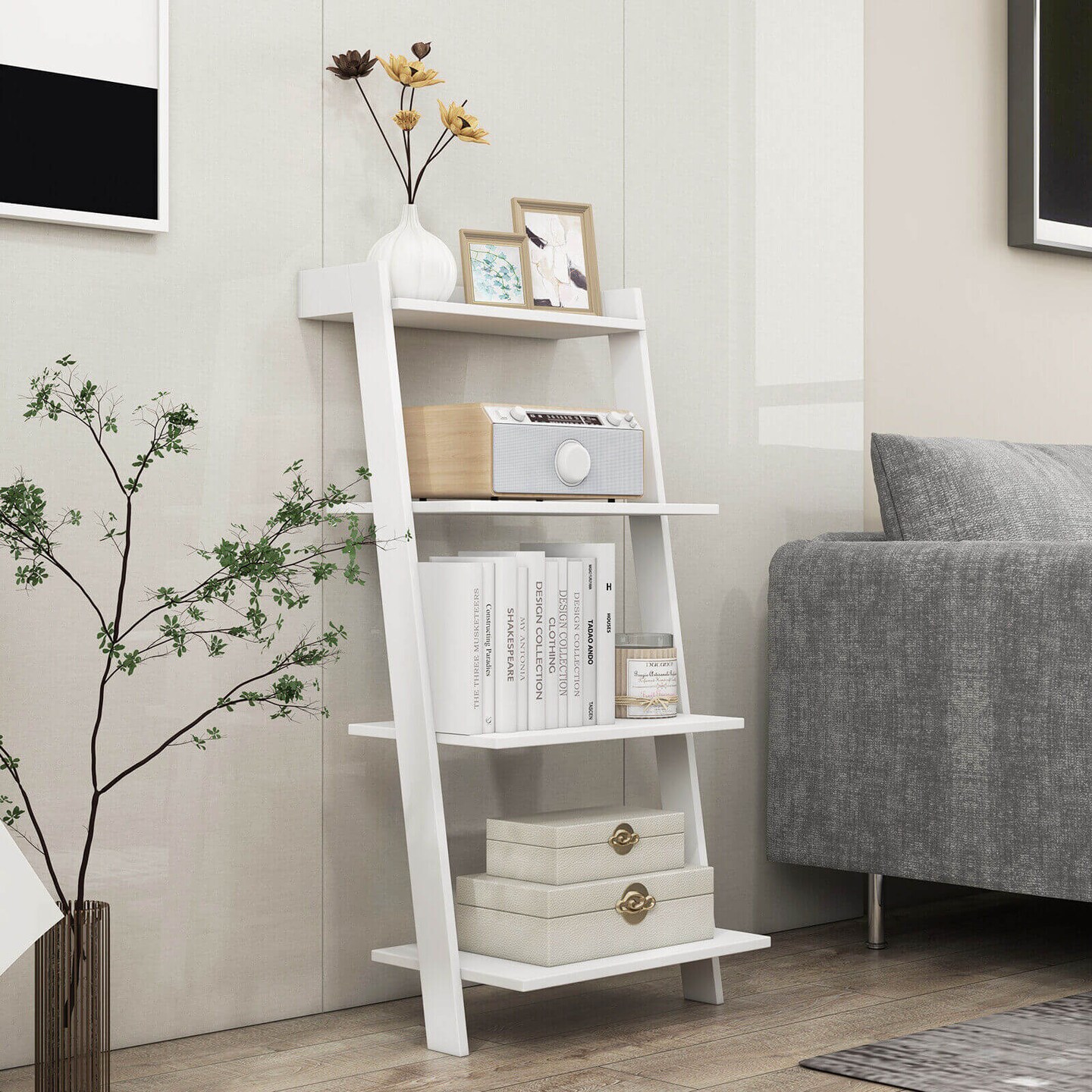 4-Tier Ladder Shelf with Solid Frame and Anti-toppling Device