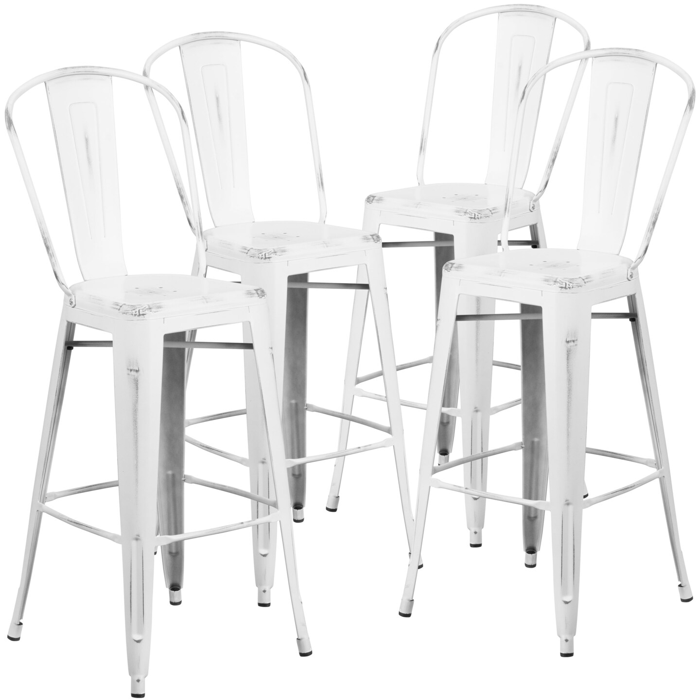 Emma and Oliver Commercial Grade 4 Pack 30&#x22; High Distressed Metal Indoor-Outdoor Barstool with Back