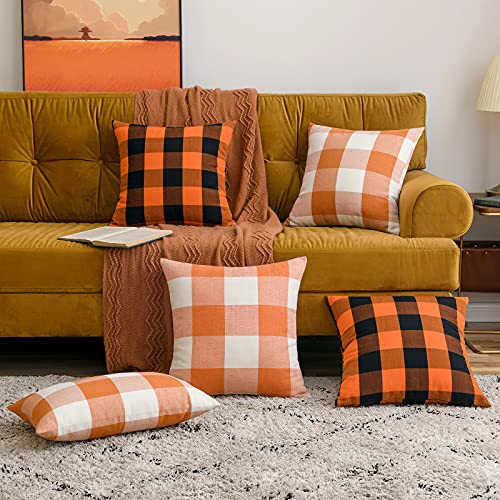 MIULEE Fall Pack of 2 Decorative Classic Farmhouse Buffalo Check Plaids Throw Pillow Covers Polyester Linen Soft Soild Pillow Case Orange Cushion Case for Halloween Sofa Bedroom Outdoor 18 x 18 Inch