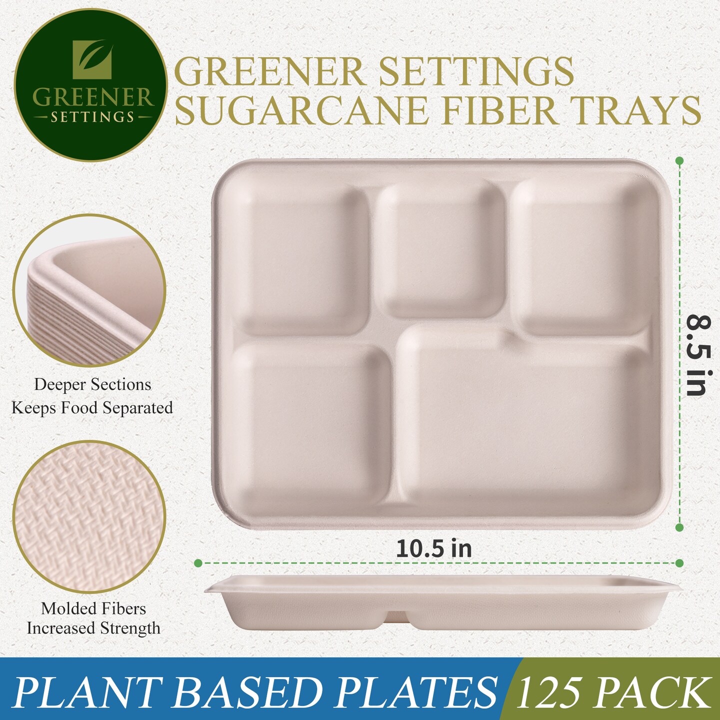 8.5 x 10.5 5-Compartment Biodegradable Lunch Trays, Sugarcane, Compostable