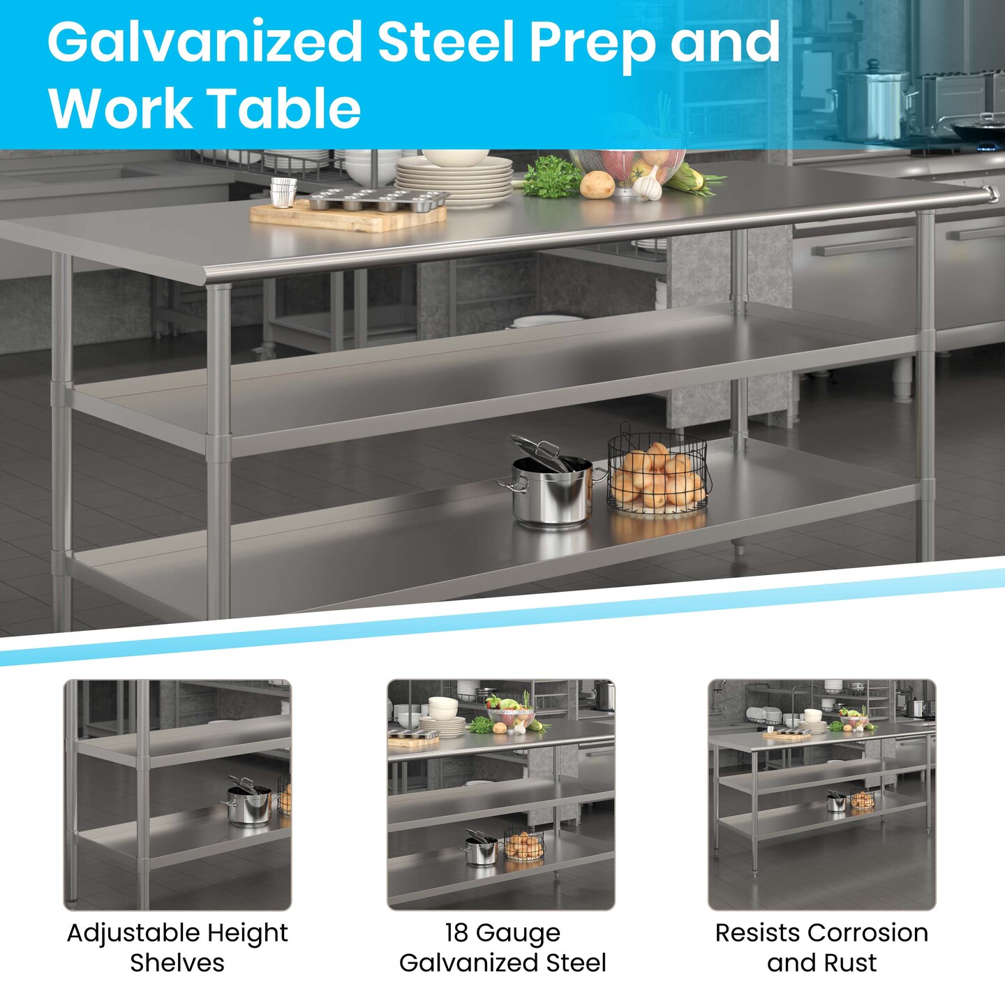 Emma and Oliver NSF Certified Stainless Steel 18 Gauge Work Table with 2 Undershelves