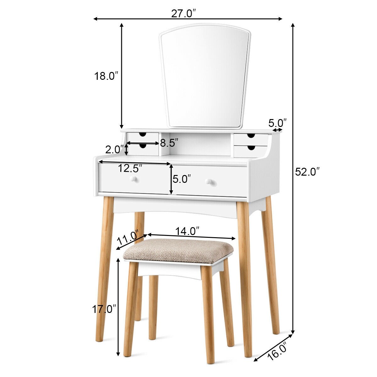 Vanity Table Set Dressing Table Cushioned Stool Makeup Table