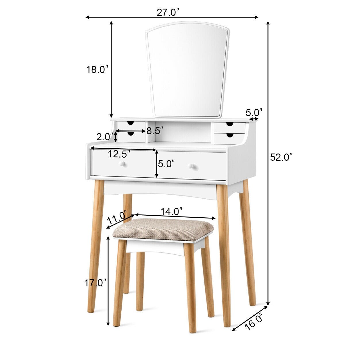 Vanity Table Set Dressing Table Cushioned Stool Makeup Table