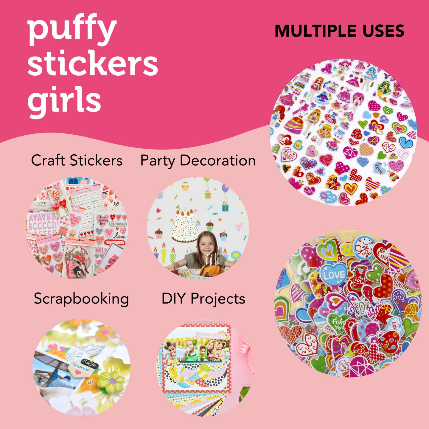 Incraftables Puffy Stickers for Girls (48 Sheets). Self Adhesive Puffy Stickers for Toddlers w/ Hearts, Animals, Princesses, Cloths, Food, Emojis & More. Bulk Reusable 3D Stickers for Girls.