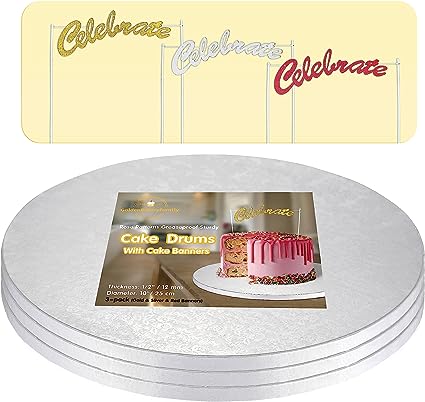 GoldenBakeryFamily 10 Inch Cake Drums with Banner Cake Topper-Cake Board Round White(3-Pack)