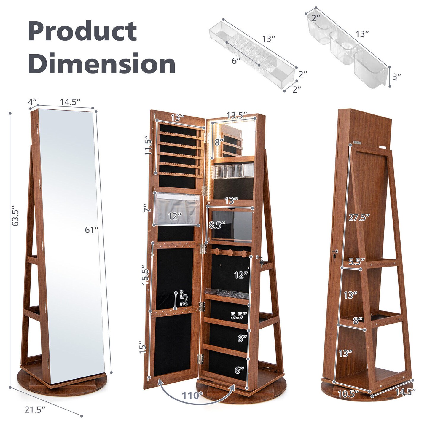 360 Degree Full Length Mirror Jewelry Armoire Cabinet with 3-Color LED Lights and Lockable Door
