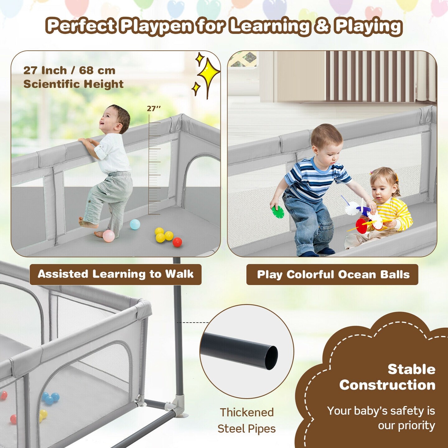 Large Baby Playpen Safety Kids Activity Center with 50 Ocean Balls-Gray