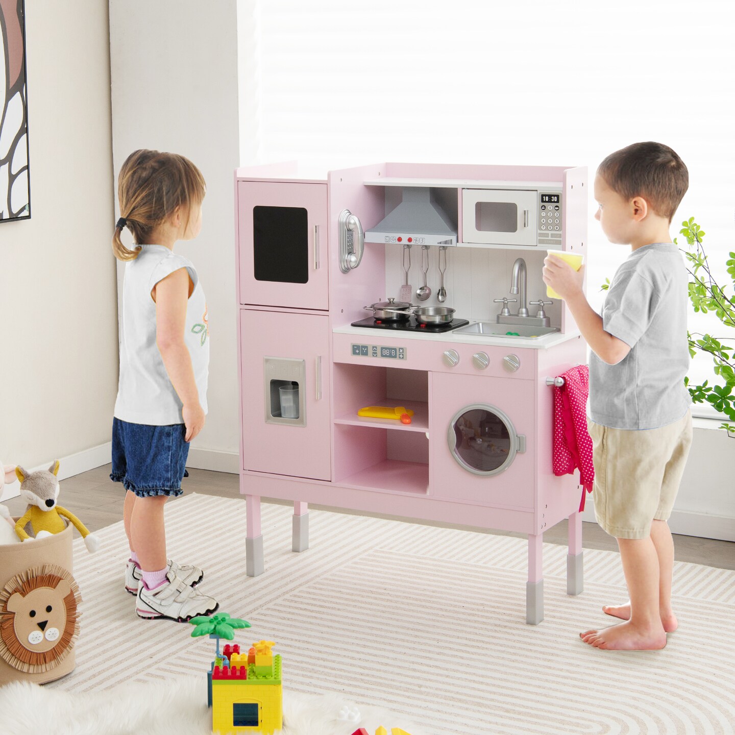 Pink Kids Kitchen Playset With Adjustable Height Lights And Sounds
