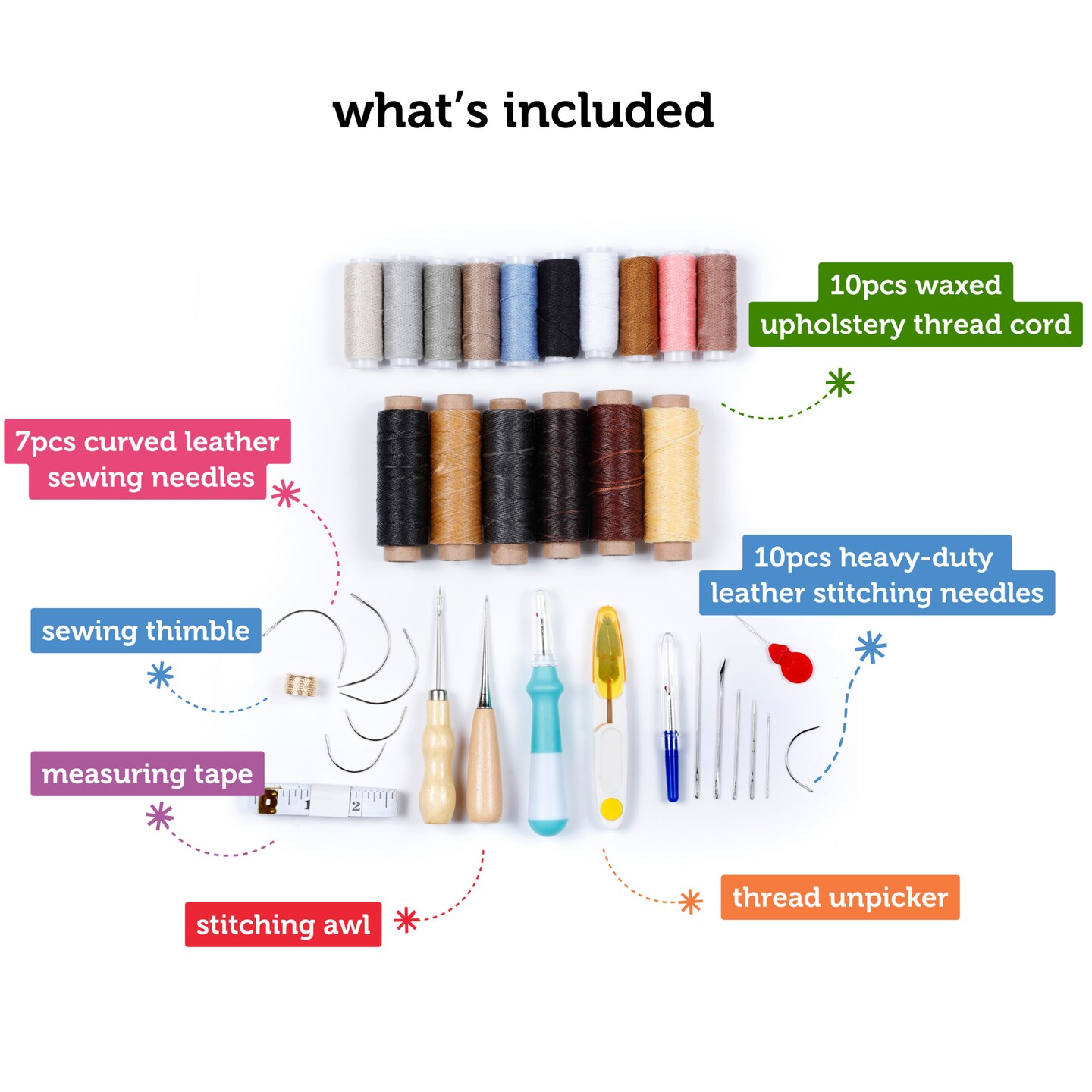 Incraftables Leather Sewing Kit. Heavy Duty Stitching Craft Working Tools Set. Upholstery Repair Kit w/ Waxed Thread Cord, Needles, Tape, Awl, Scissors, Unpicker & Thimble for Beginner Hand Sewing
