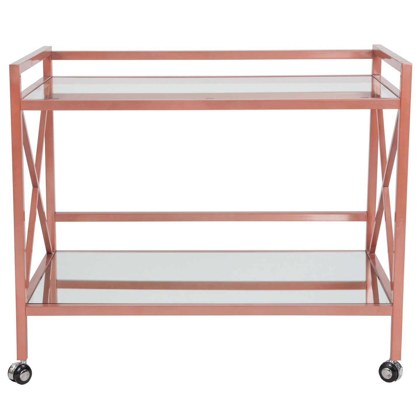 Merrick Lane Belmount Rolling Bar Cart Contemporary Kitchen Serving Cart with Mirrored Bottom Shelf and Crisscross Metal Frame